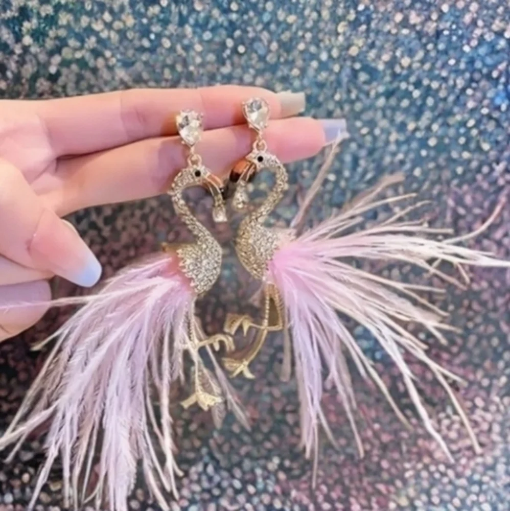 Betsey Johnson Gold Flamingo Feather Drop Earrings with Pink Feathers